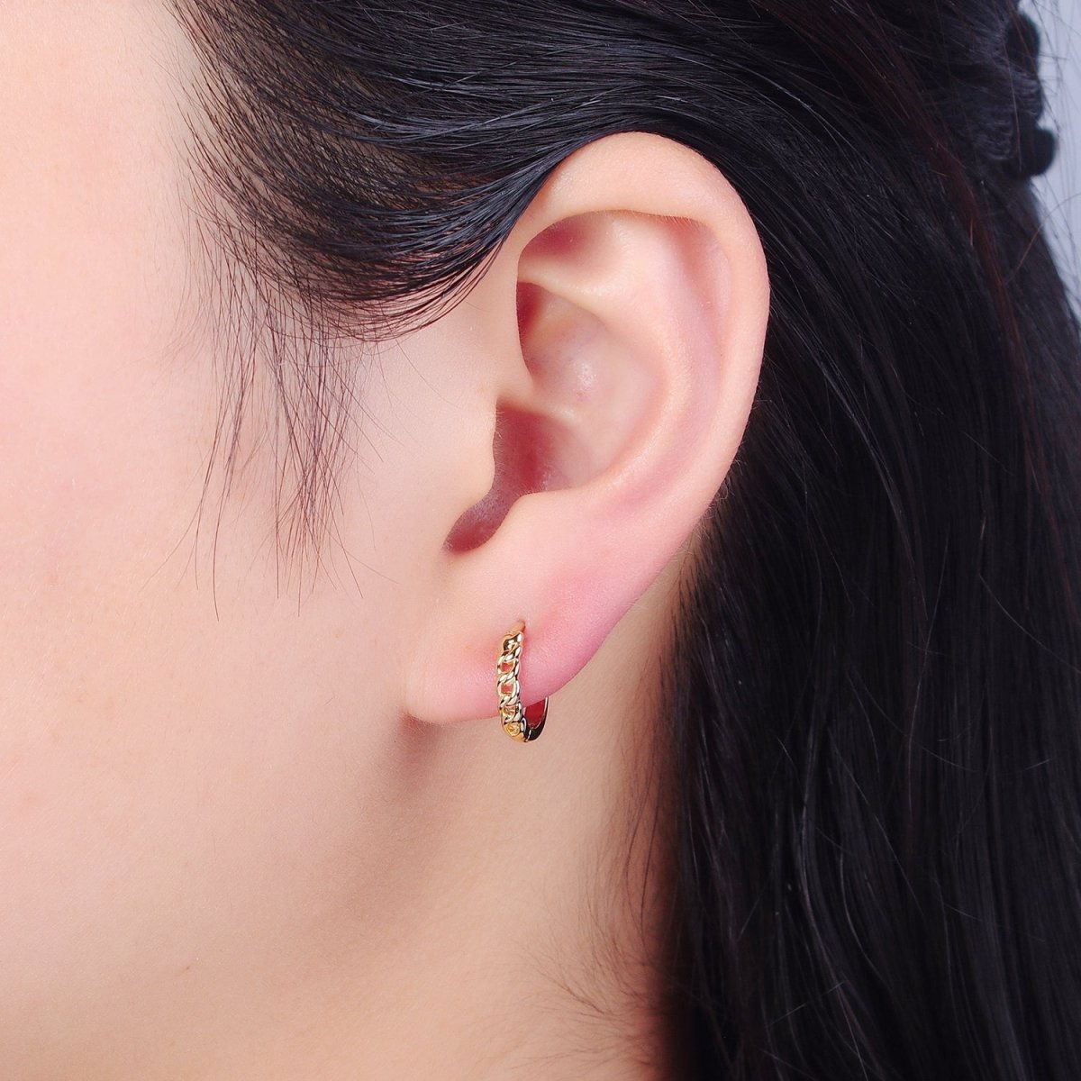 14K Gold Filled Mini Braided Figaro Curb Chain Link Huggie Hoop Earrings P-375 - DLUXCA