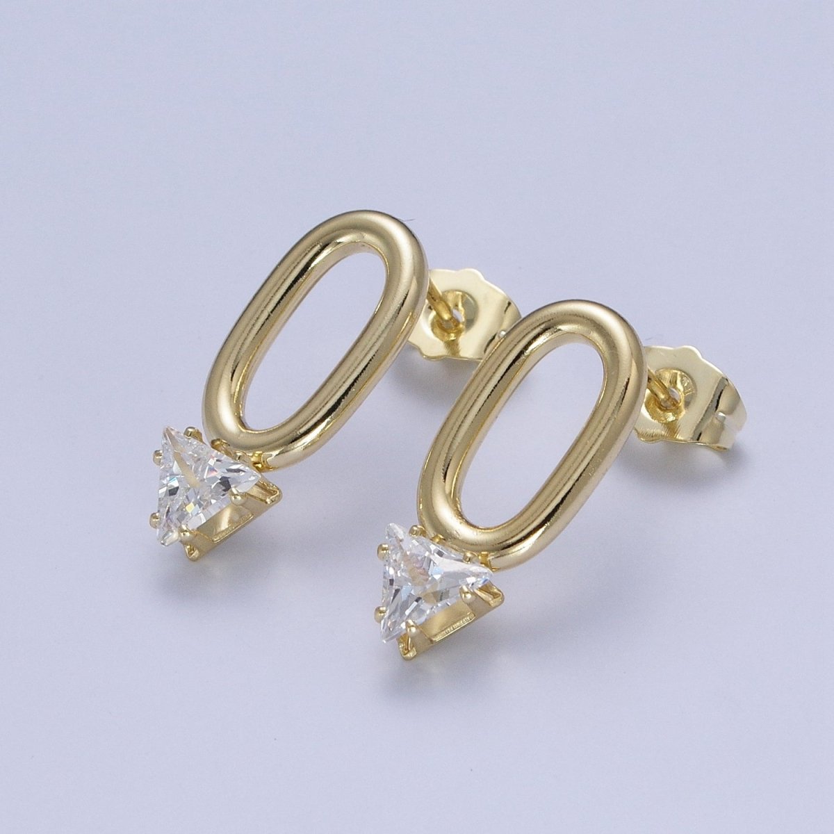 14K Gold Filled Minimalist Stud Earring Oval with Triangle Cubic Zirconia Crystal, Perfect for Everyday Wear or Gift | X915 - DLUXCA