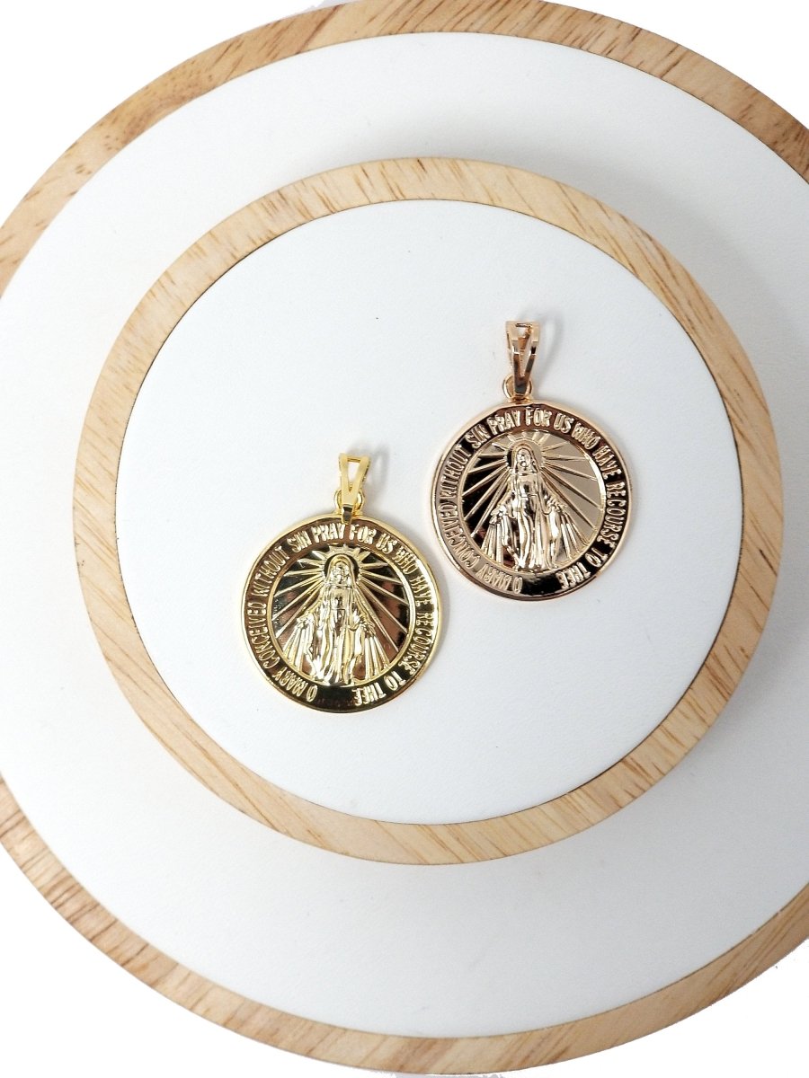 14k Gold Filled Miraculous Lady Charm Medal Mother Mary Necklace Coin Medallion Charm Rose Gold Filled Pendant - Religious Pendant Charms H-450 - DLUXCA