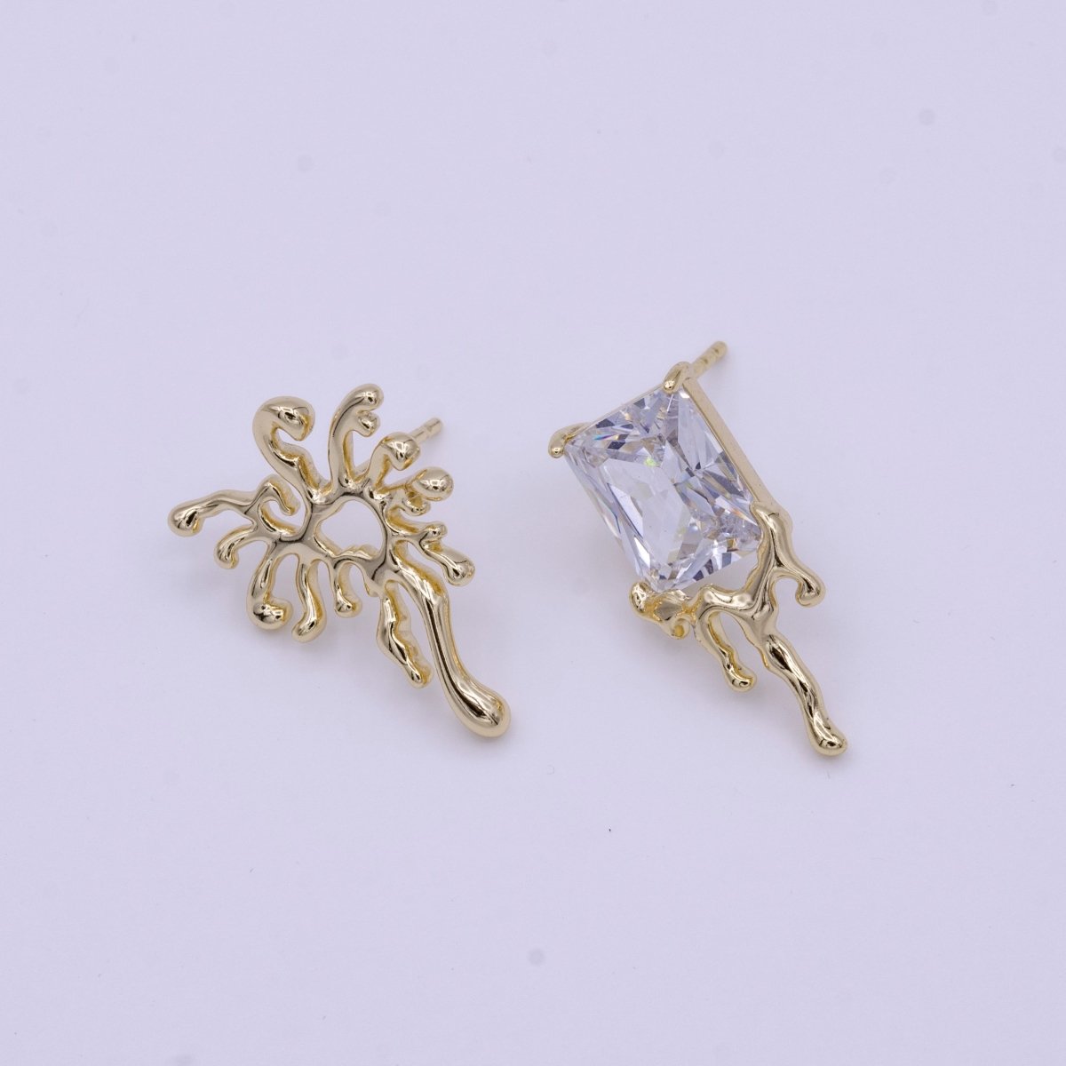 14K Gold Filled Mismatched Clear Baguette CZ Dripping Gold Stud Earrings Set | V-004 - DLUXCA