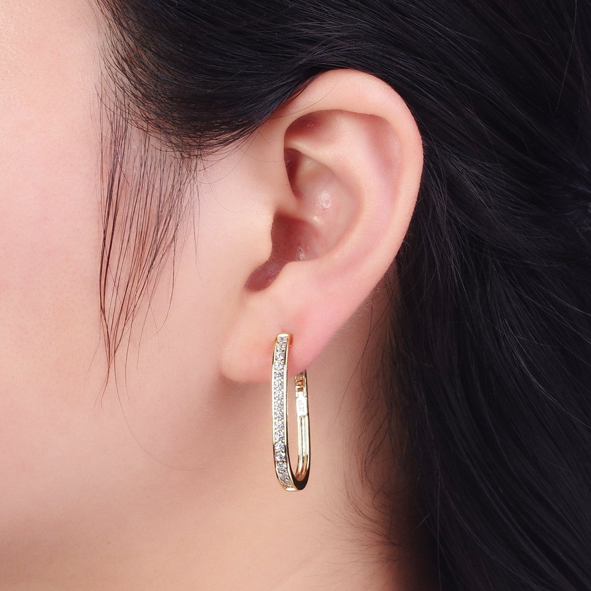 14K Gold Filled Mismatched U Shaped Huggie, Micro Paved & Round Cubic Zirconia Oblong Hoop Earrings Set | Y-054 - DLUXCA