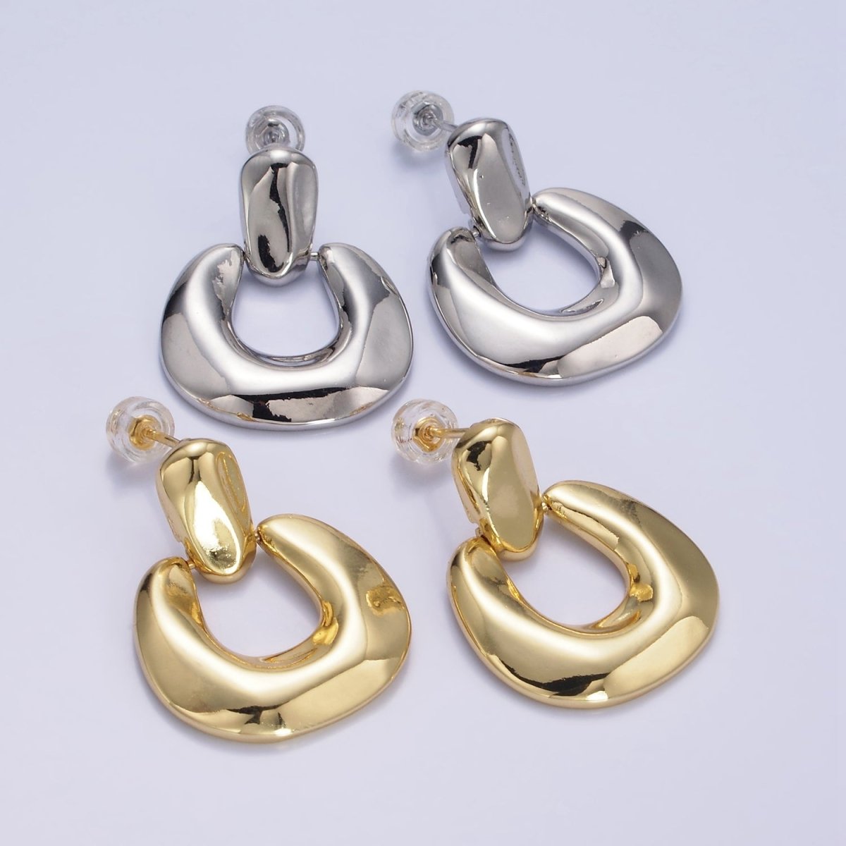 14K Gold Filled Molten Edged Chubby U-Shaped Bar Drop Stud Earrings in Gold & Silver | AE447 AE448 - DLUXCA