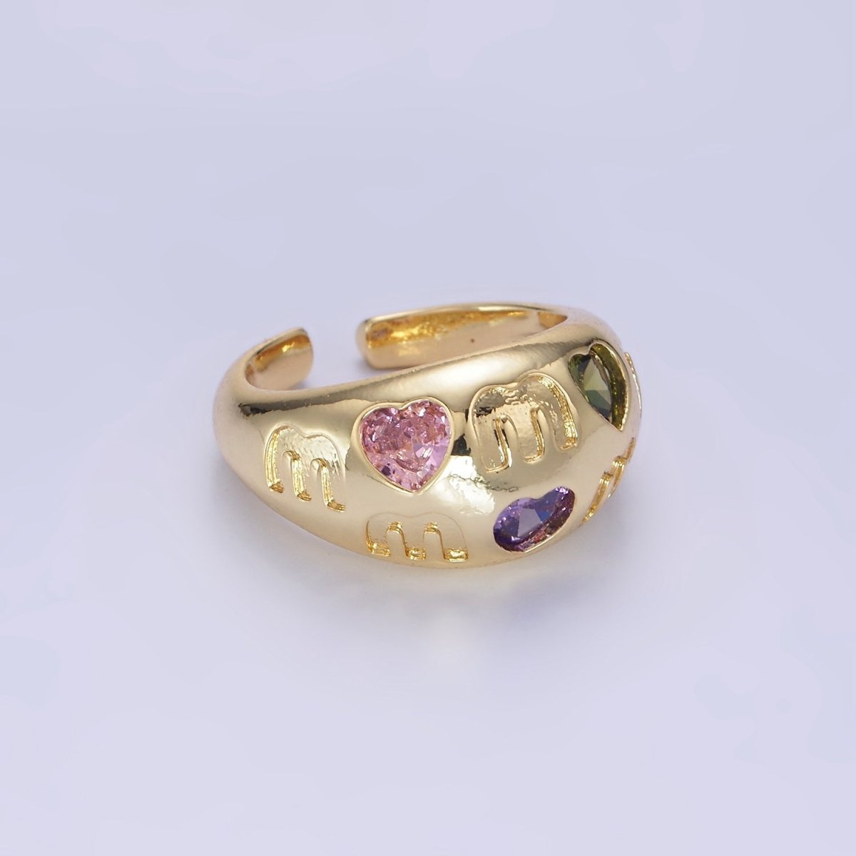 14K Gold Filled "MOM" Script Multicolor CZ Heart Chubby Signet Ring in Gold & Silver | O1337 O1338 - DLUXCA
