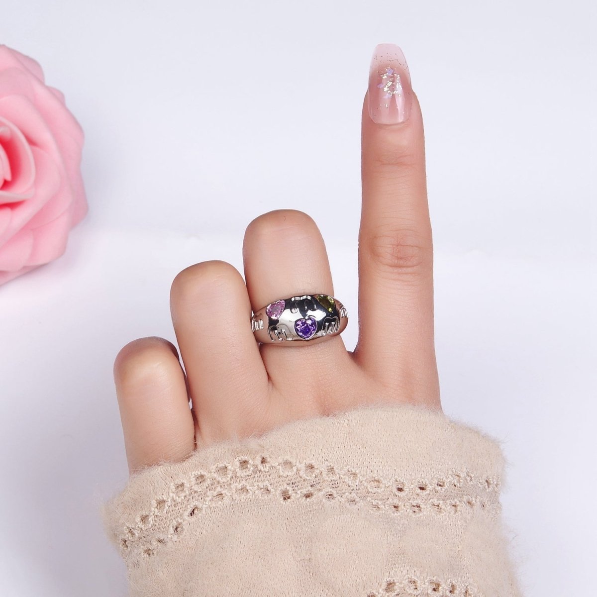 14K Gold Filled "MOM" Script Multicolor CZ Heart Chubby Signet Ring in Gold & Silver | O1337 O1338 - DLUXCA