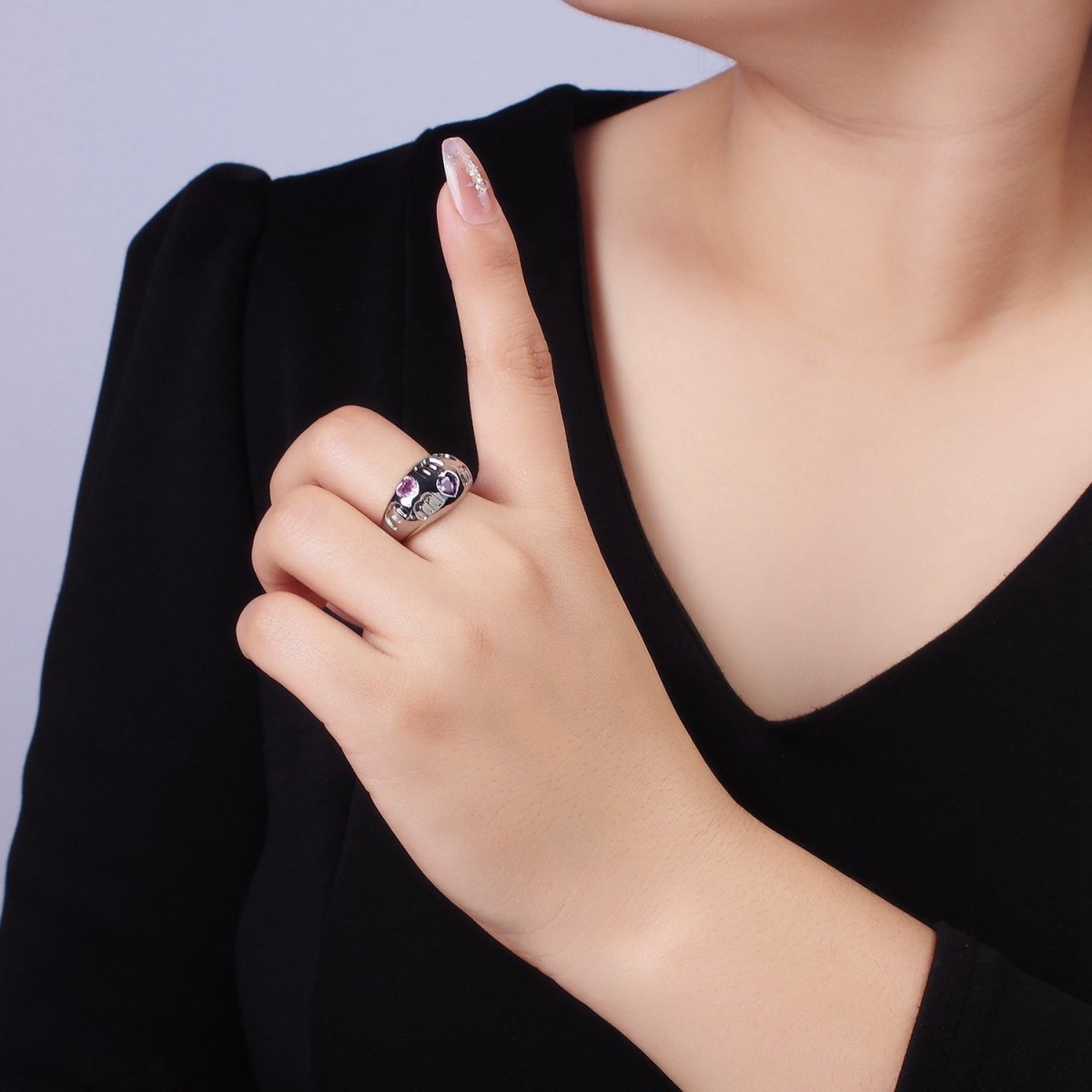 14K Gold Filled "MOM" Script Multicolor CZ Heart Chubby Signet Ring in Gold & Silver | O1337 O1338 - DLUXCA