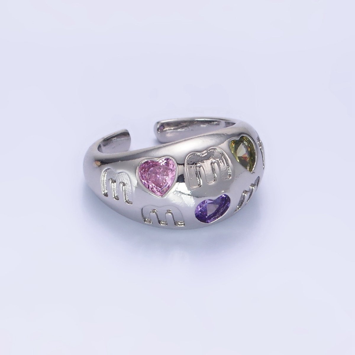 14K Gold Filled "MOM" Script Multicolor CZ Heart Chubby Signet Ring in Gold & Silver | O1337 O1338 - DLUXCA