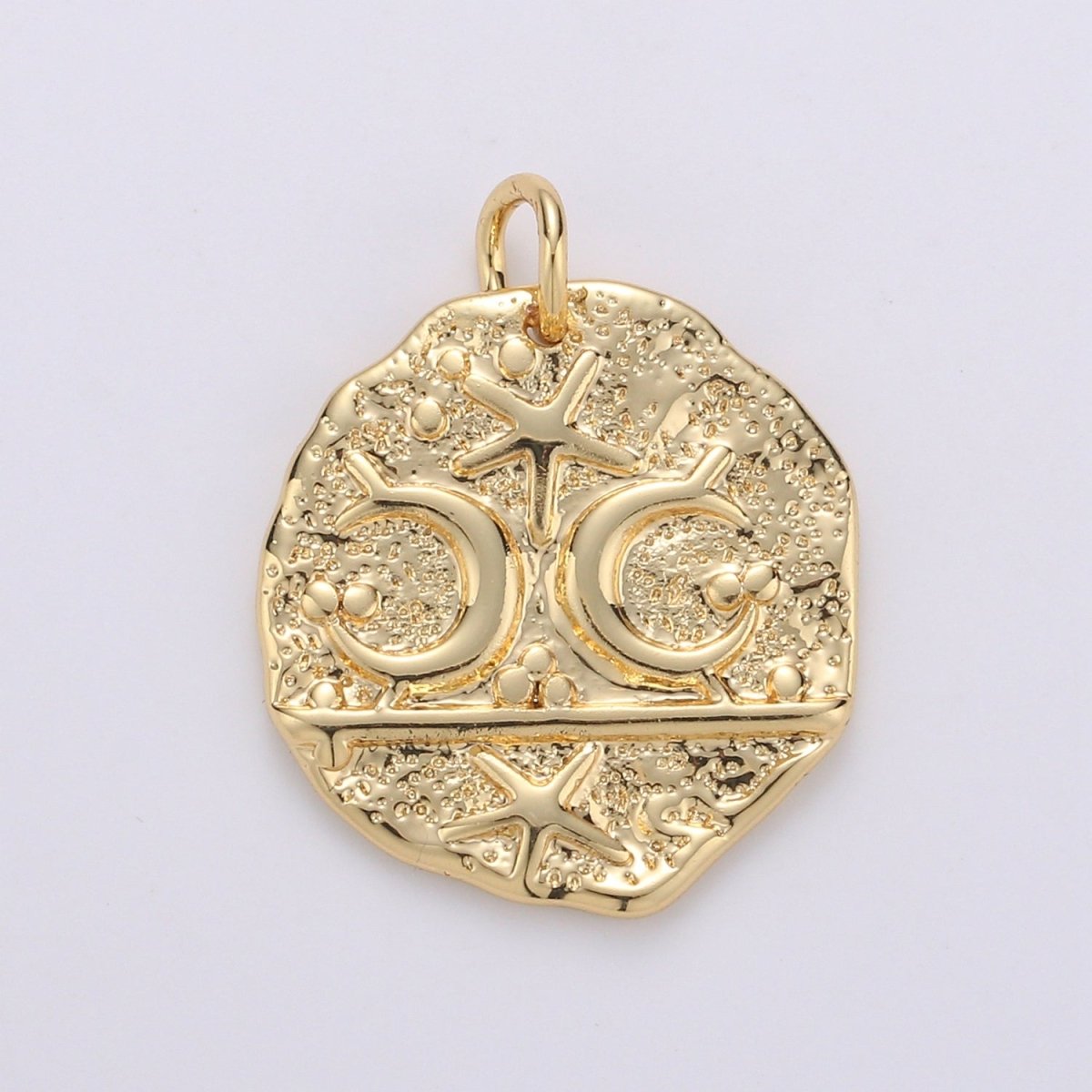 14k Gold Filled Moon and Star Medallion Pendant Celestial Astrology Round Disc Charm Pendant, Vintage Coin for Layer Necklace Earring Supply D-716 - DLUXCA
