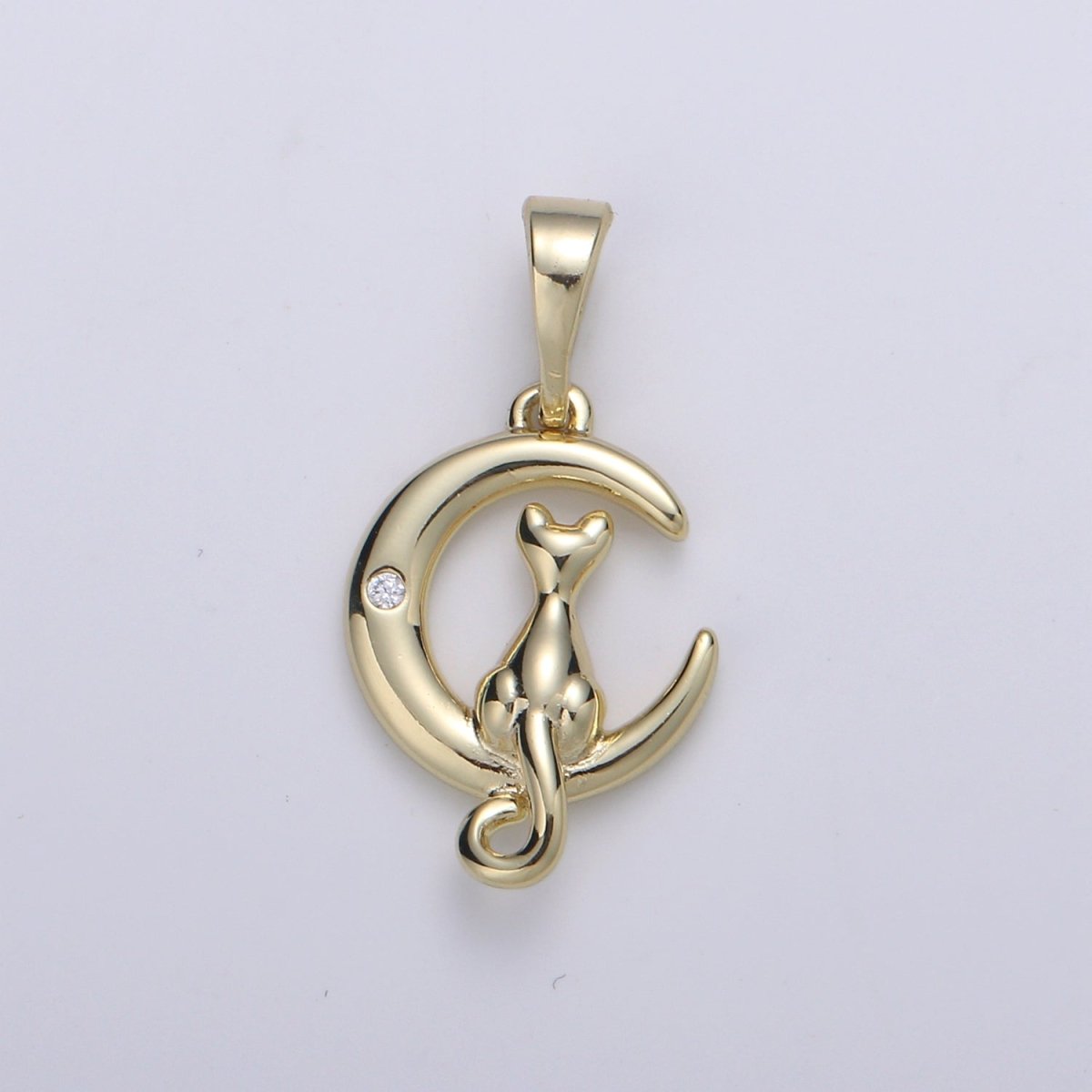 14k Gold Filled Moon Cat Pendant, Cat Charm Necklace, Cat and Moon Gift, Celestial Jewelry, Cat Lover's Gift Jewelry Necklace Supply J-092 - DLUXCA