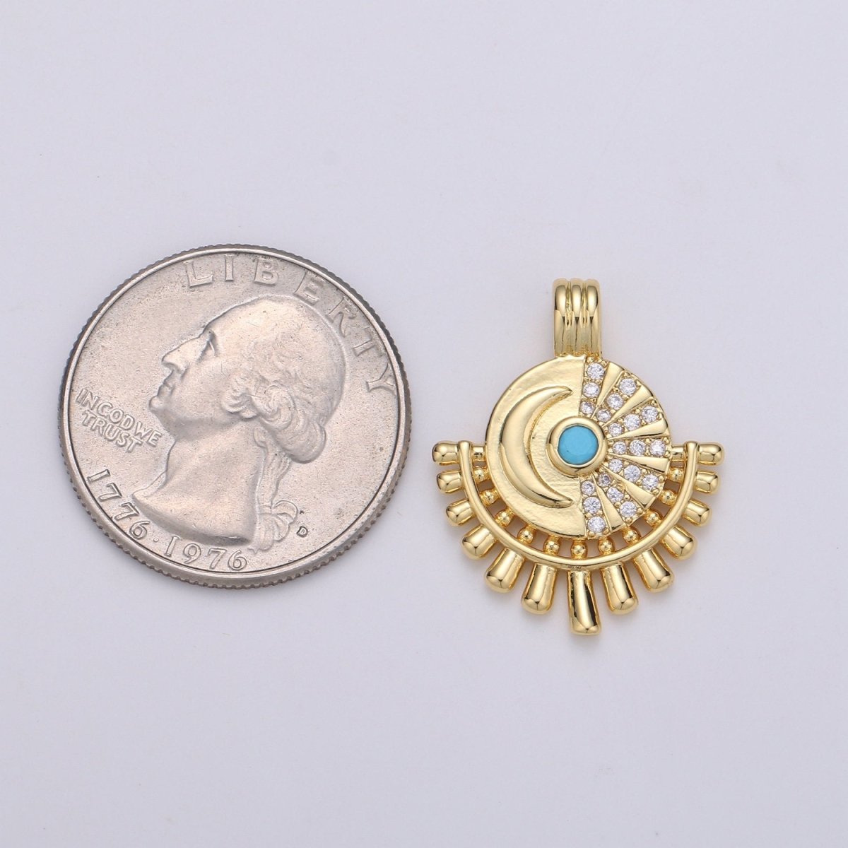14K Gold Filled Moon Charm - Celestial Pendant Necklace - Crescent Turquoise Moon Medallion Layering Necklace - Lunar Jewelry Supply J-054 - DLUXCA