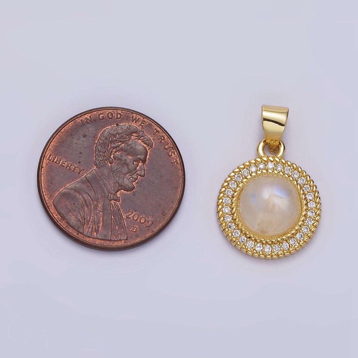 14K Gold Filled Moonstone Clear CZ Line-Textured Round Pendant | AA643 - DLUXCA
