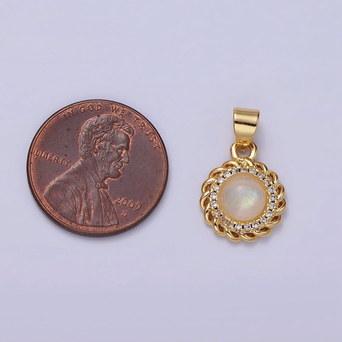 14K Gold Filled Moonstone Clear Micro Paved Rounded Bar Curb Lined Pendant | AA678 - DLUXCA