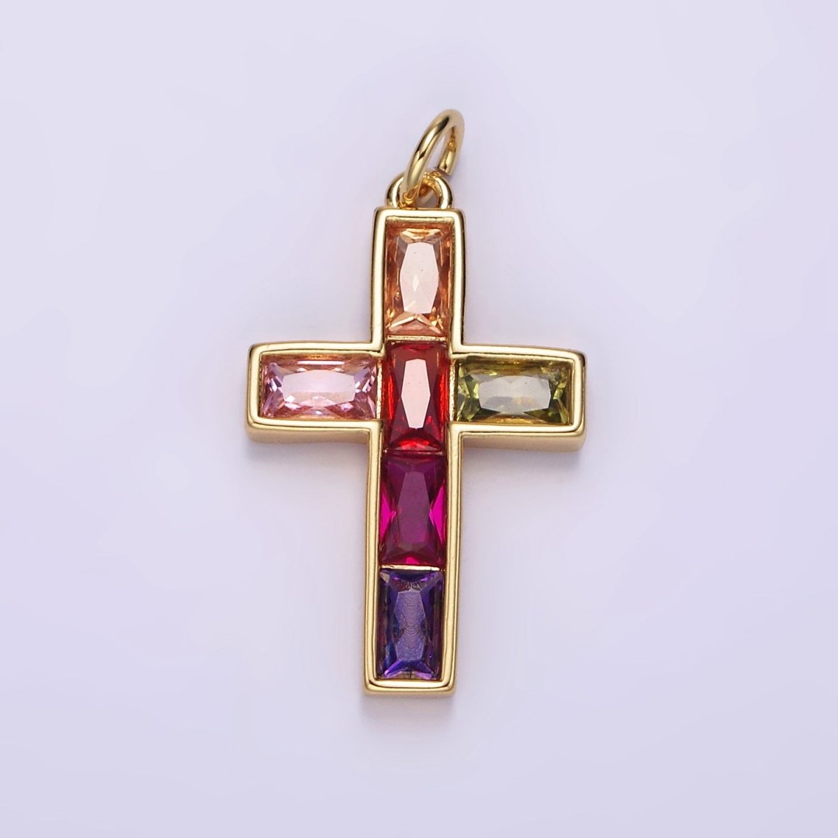14K Gold Filled Multicolor Baguette CZ Lined Religious Latin Cross Charm | AG535 - DLUXCA