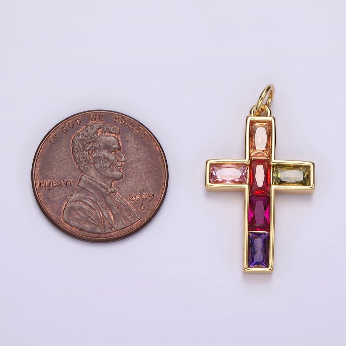 14K Gold Filled Multicolor Baguette CZ Lined Religious Latin Cross Charm | AG535 - DLUXCA