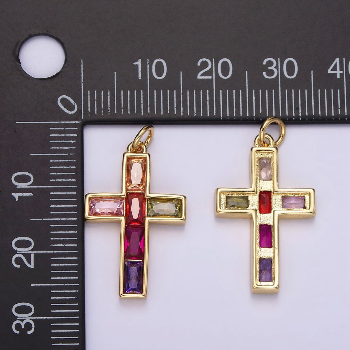 14K Gold Filled Multicolor Baguette CZ Lined Religious Latin Cross Charm | AG535 - DLUXCA