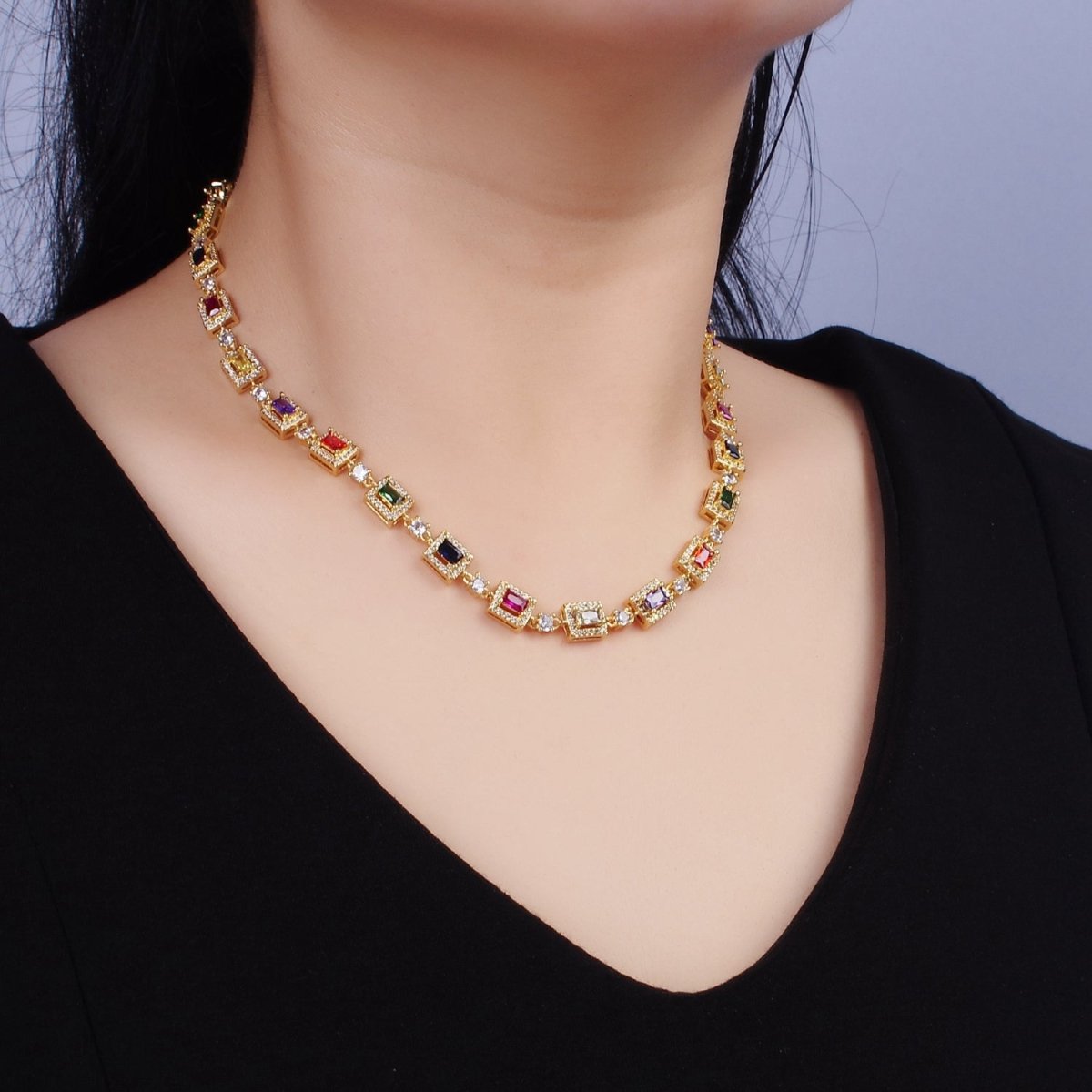 14K Gold Filled Multicolor Baguette Micro Paved CZ 15 Inch Choker Chain Necklace | WA-2135 Clearance Pricing - DLUXCA