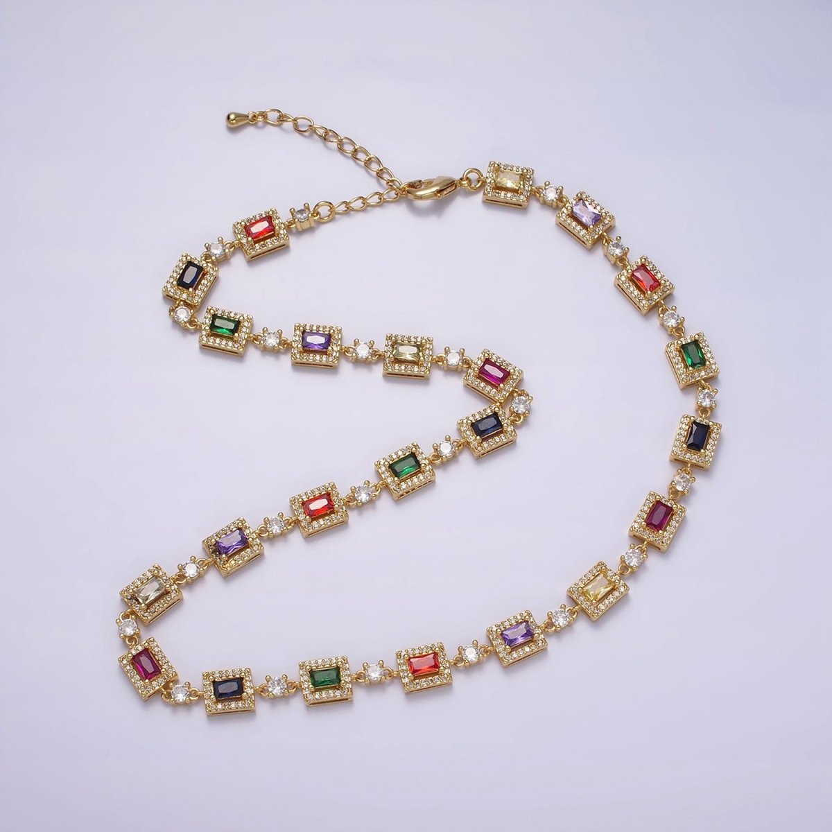 14K Gold Filled Multicolor Baguette Micro Paved CZ 15 Inch Choker Chain Necklace | WA-2135 Clearance Pricing - DLUXCA