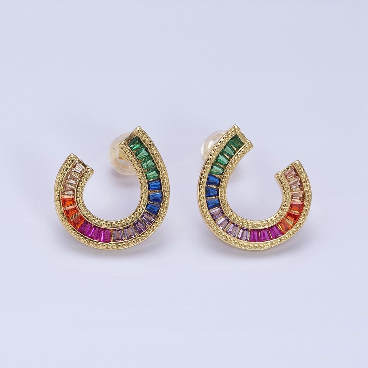 14K Gold Filled Multicolor Baguette U Circular Stud Earrings in Gold & Silver | AB1516 AD1159 - DLUXCA