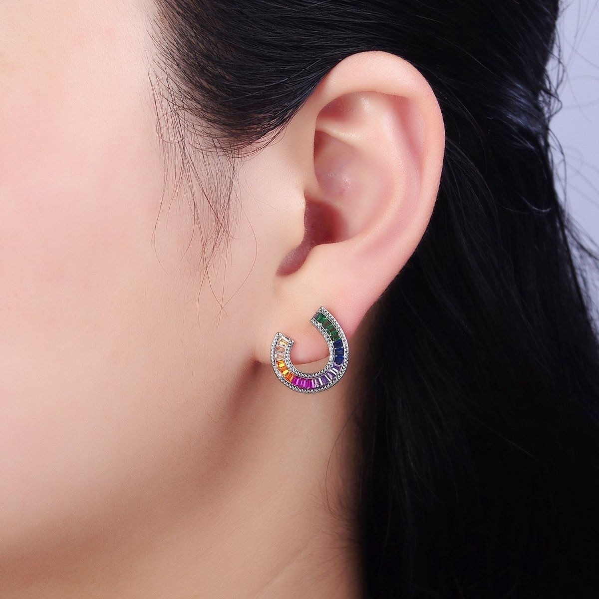 14K Gold Filled Multicolor Baguette U Circular Stud Earrings in Gold & Silver | AB1516 AD1159 - DLUXCA