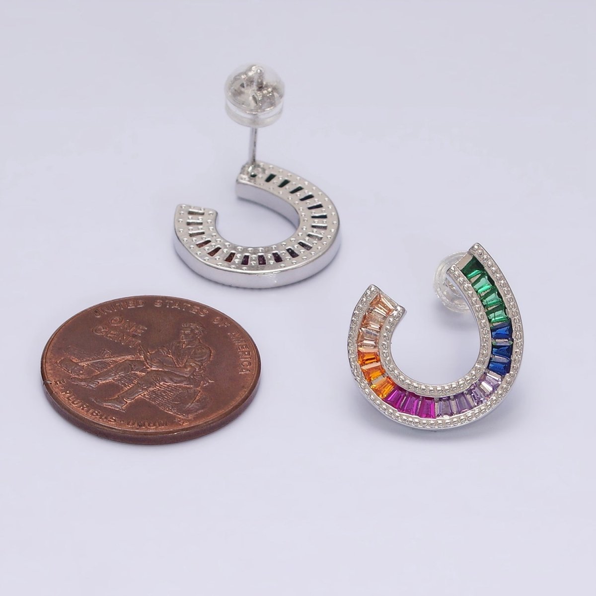 14K Gold Filled Multicolor Baguette U Circular Stud Earrings in Gold & Silver | AB1516 AD1159 - DLUXCA