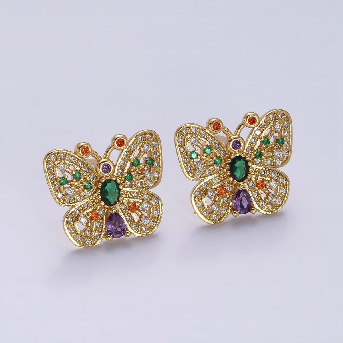 14K Gold Filled Multicolor CZ Antenna Butterfly Mariposa Dotted Micro Paved Stud Earrings in Gold & Silver | Y-912 Y-913 - DLUXCA