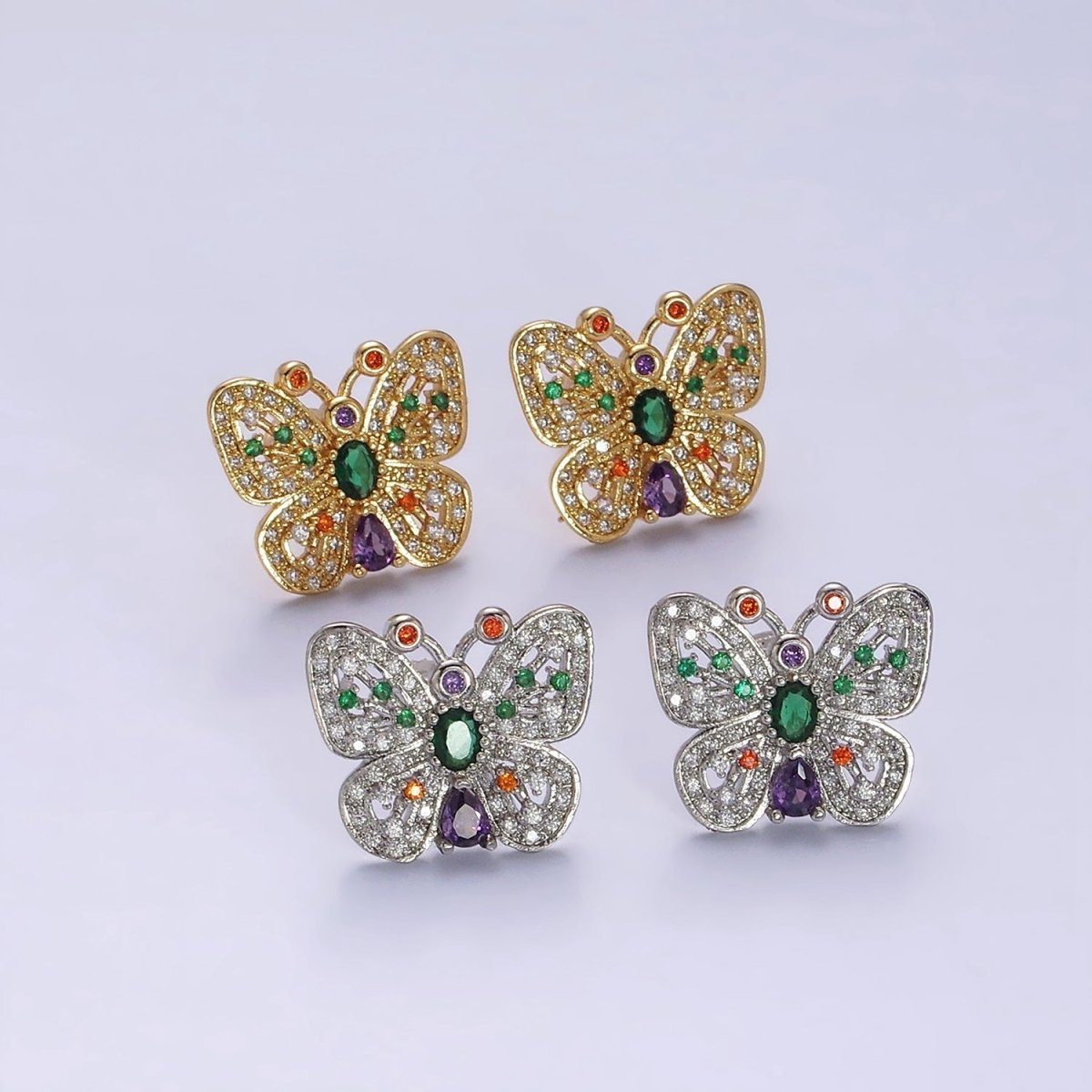 14K Gold Filled Multicolor CZ Antenna Butterfly Mariposa Dotted Micro Paved Stud Earrings in Gold & Silver | Y-912 Y-913 - DLUXCA