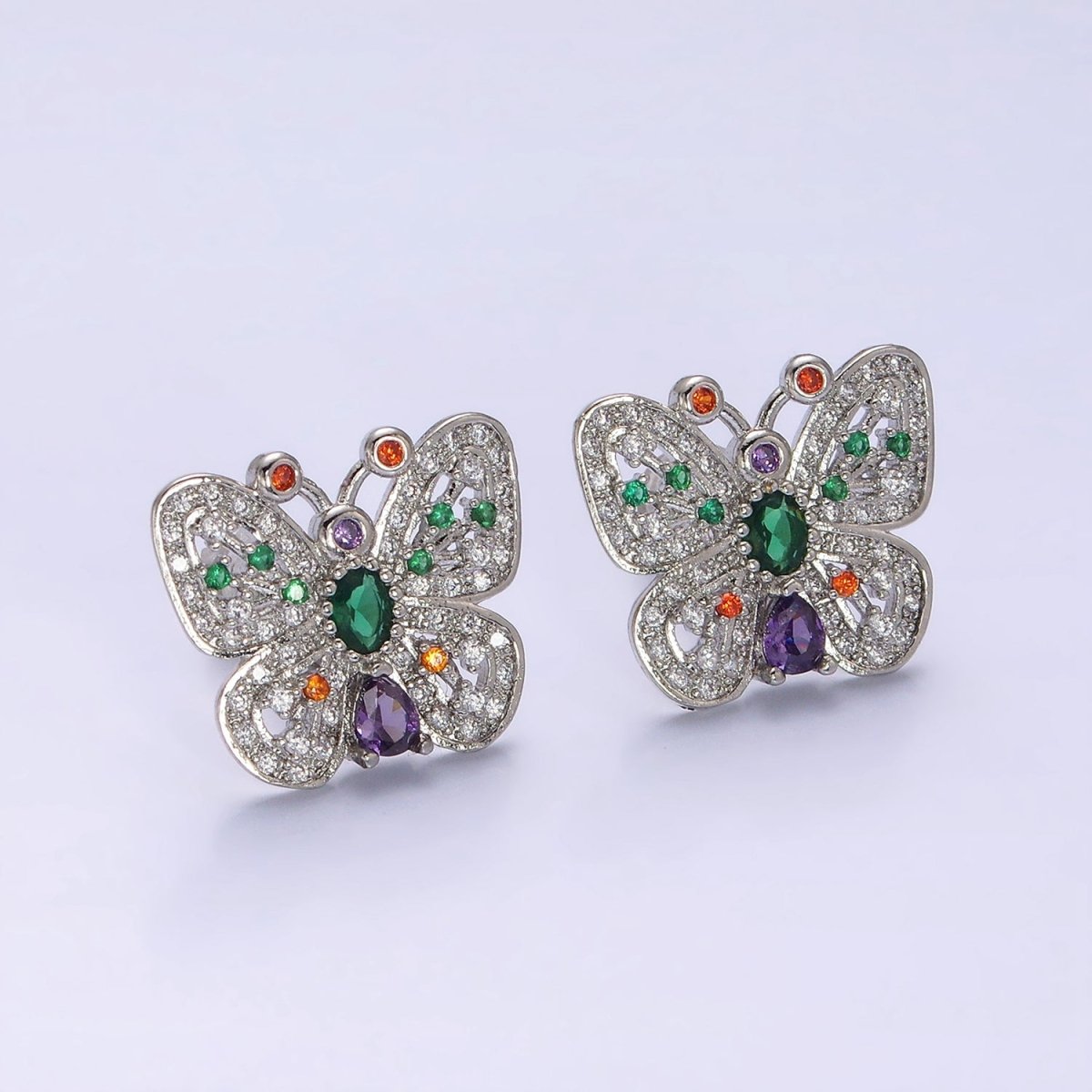 14K Gold Filled Multicolor CZ Antenna Butterfly Mariposa Dotted Micro Paved Stud Earrings in Gold & Silver | Y-912 Y-913 - DLUXCA