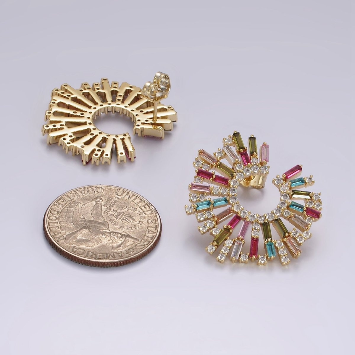 14K Gold Filled Multicolor CZ Baguette Micro Paved Circular Stud Earrings Set | AE405 - DLUXCA