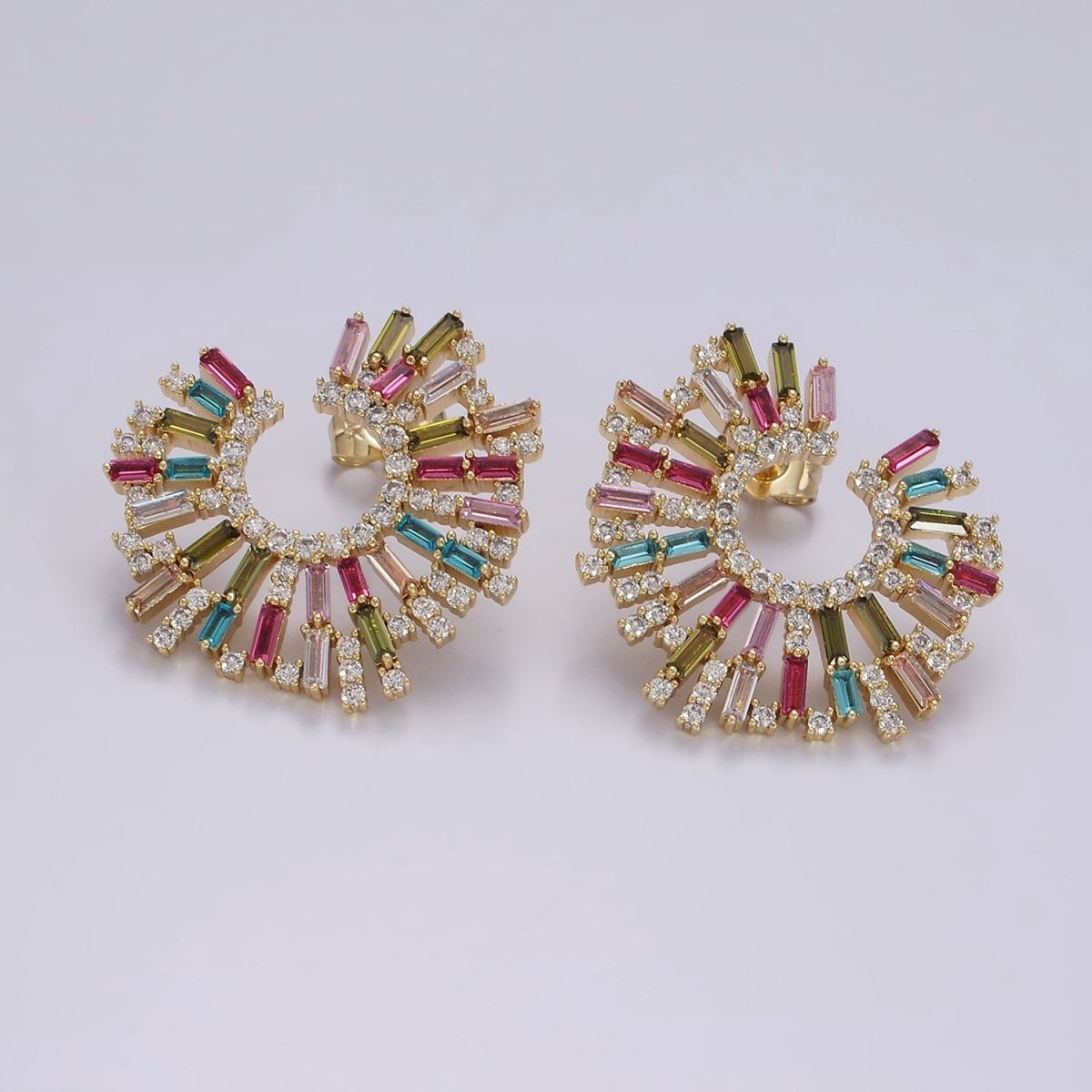 14K Gold Filled Multicolor CZ Baguette Micro Paved Circular Stud Earrings Set | AE405 - DLUXCA
