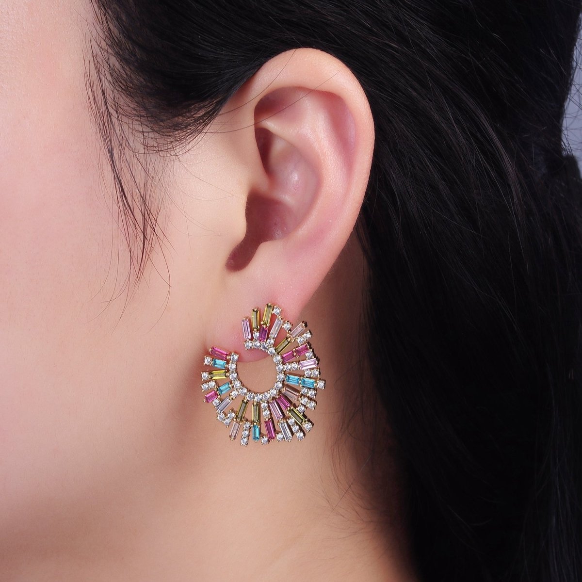 14K Gold Filled Multicolor CZ Baguette Micro Paved Circular Stud Earrings Set | AE405 - DLUXCA