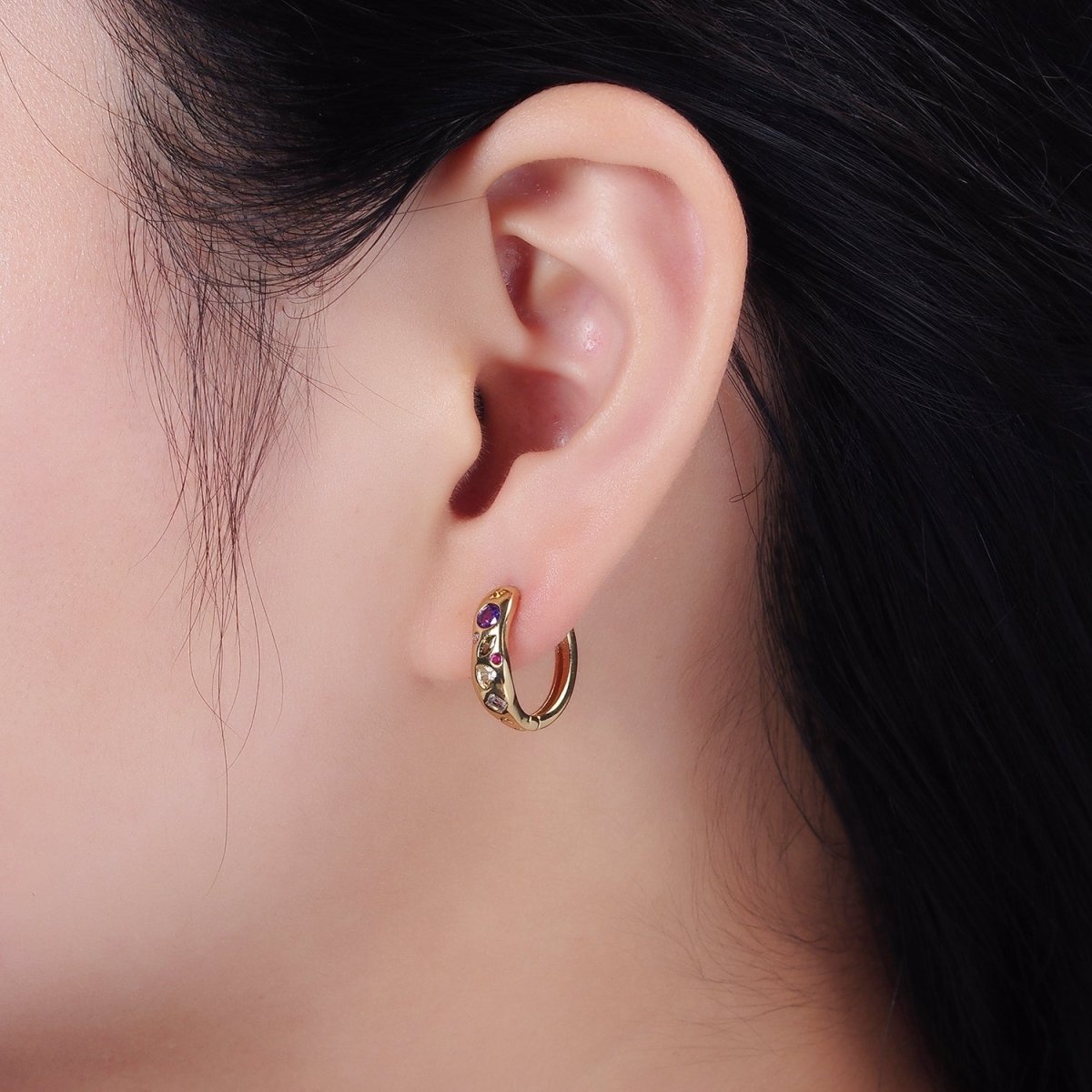 14K Gold Filled Multicolor CZ Dot Marquise Heart 15mm Huggie Earrings | AE916 - DLUXCA