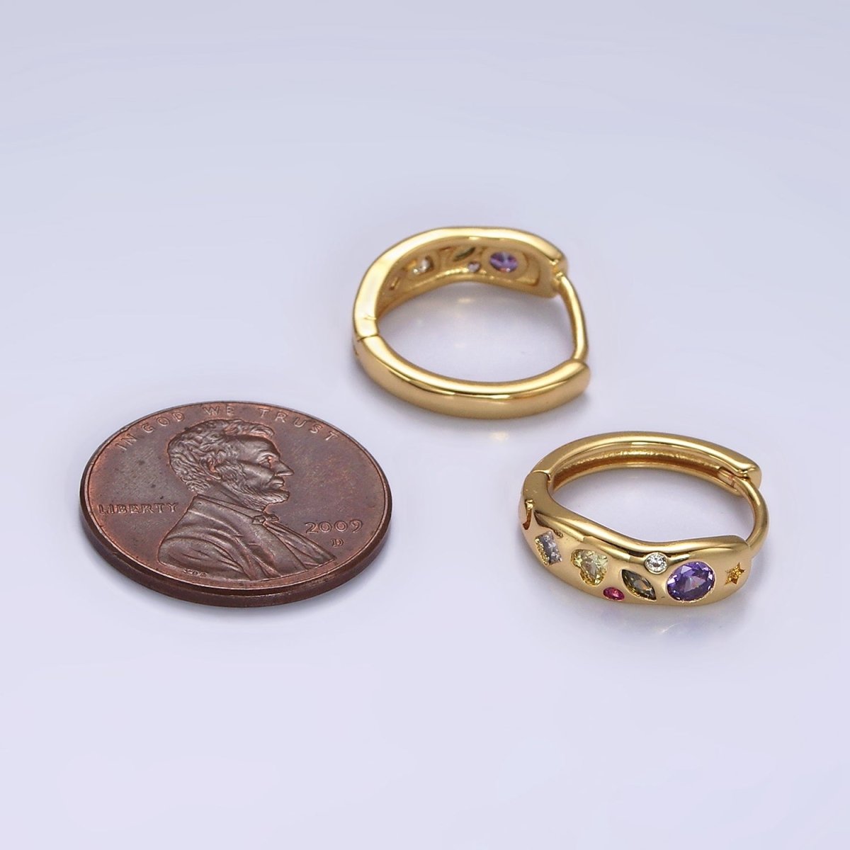 14K Gold Filled Multicolor CZ Dot Marquise Heart 15mm Huggie Earrings | AE916 - DLUXCA