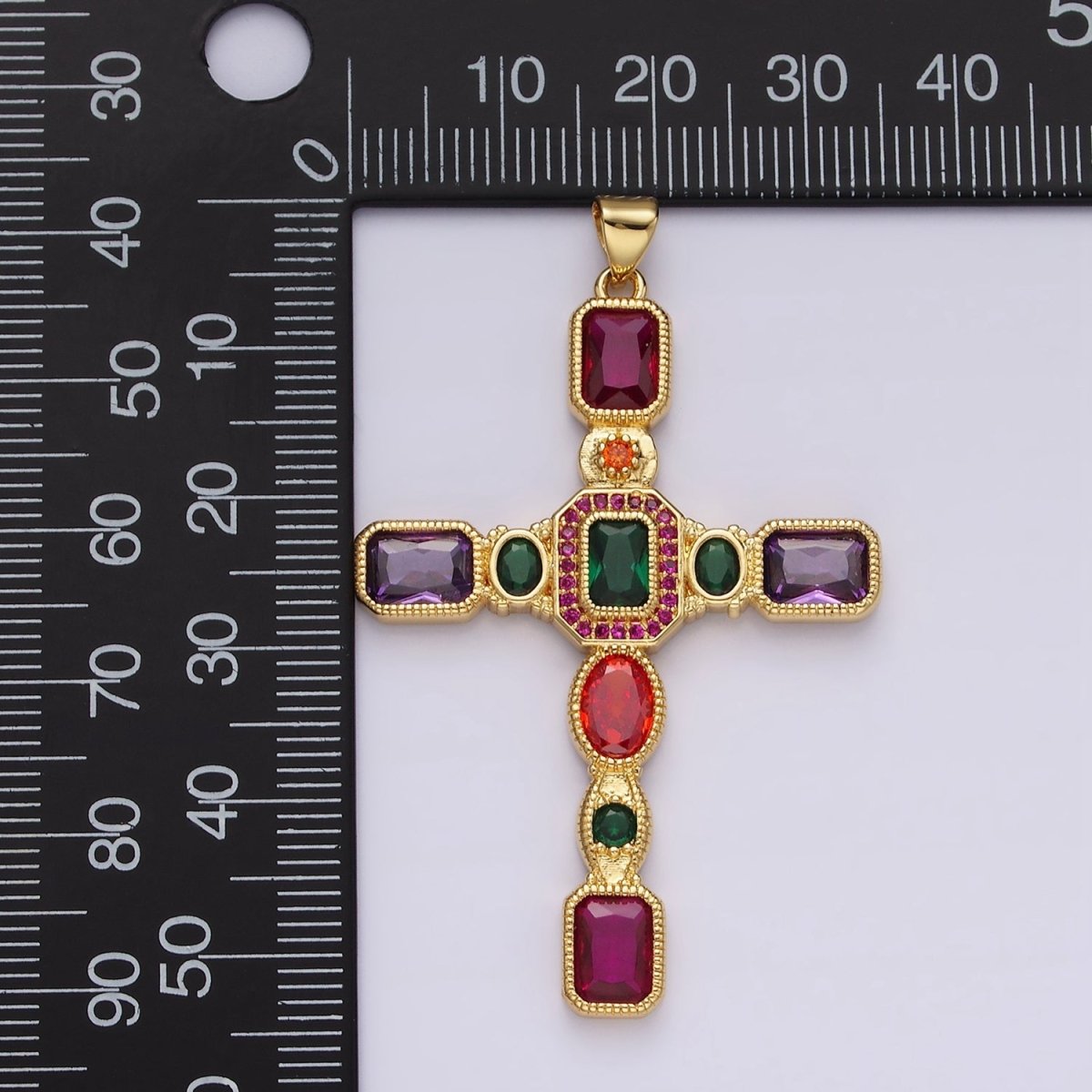 14K Gold Filled Multicolor CZ Geometric Latin Cross Pendant | N-1885 - DLUXCA