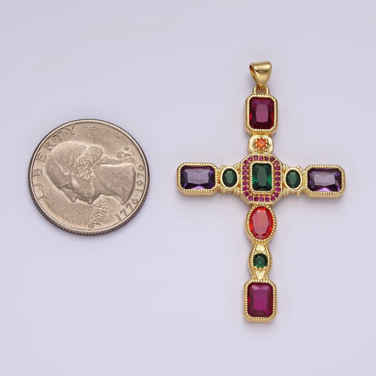 14K Gold Filled Multicolor CZ Geometric Latin Cross Pendant | N-1885 - DLUXCA