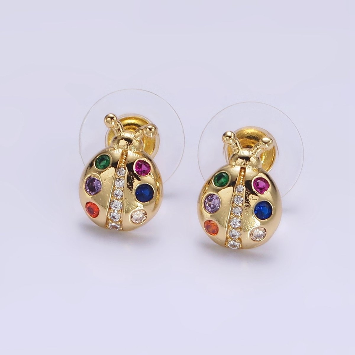 14K Gold Filled Multicolor CZ Ladybug Insect Stud Earrings | AE861 - DLUXCA