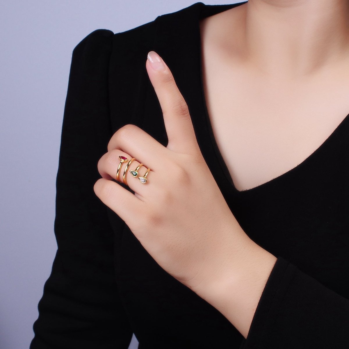 14K Gold Filled Multicolor CZ Multiband Open Wrap Ring in Gold & Silver | O-613 O-614 - DLUXCA