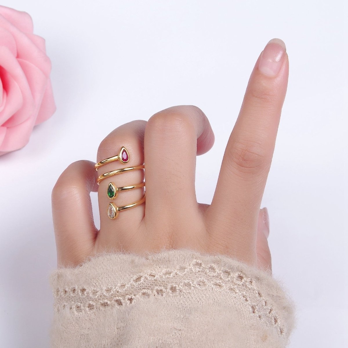 14K Gold Filled Multicolor CZ Multiband Open Wrap Ring in Gold & Silver | O-613 O-614 - DLUXCA