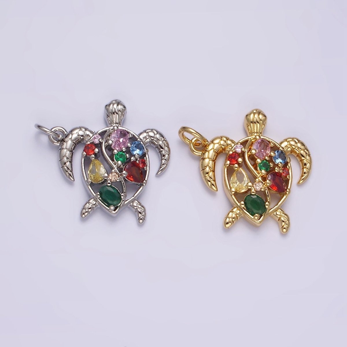 14K Gold Filled Multicolor CZ Open Textured Turtle Tortoise Ocean Animal Charm in Gold & Silver | AC833 AC834 - DLUXCA