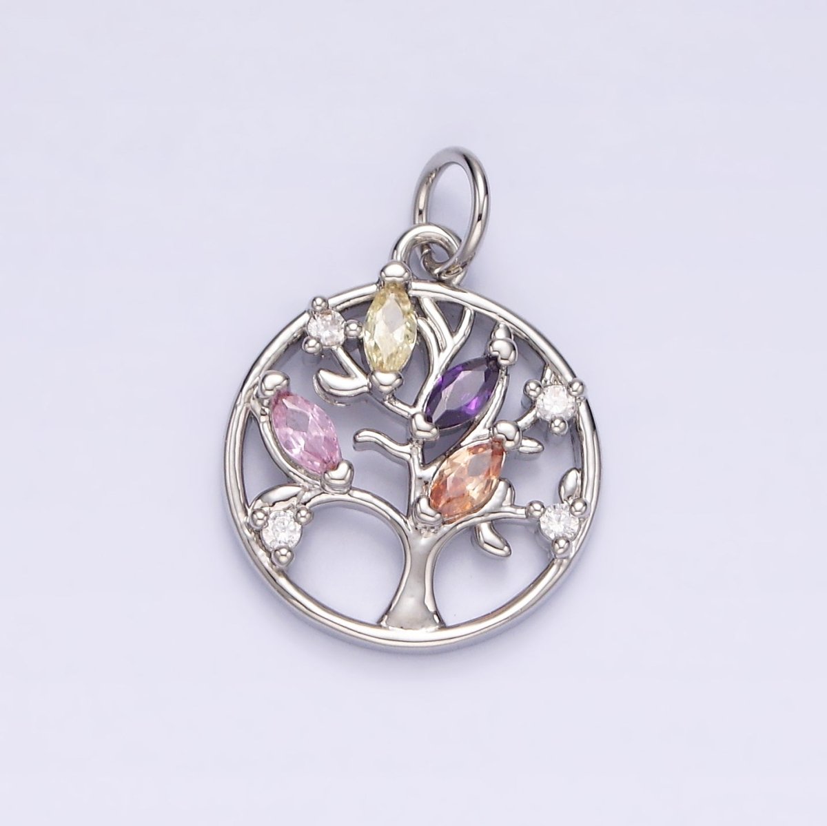 14K Gold Filled Multicolor Marquise CZ Leaf Tree Open Round Charm in Gold & Silver | N1500 N1501 - DLUXCA