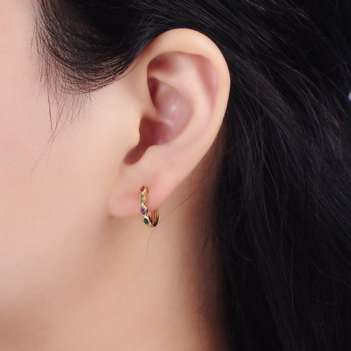 14K Gold Filled Multicolor Marquise CZ Lined 13mm Huggie Earrings | V084 - DLUXCA