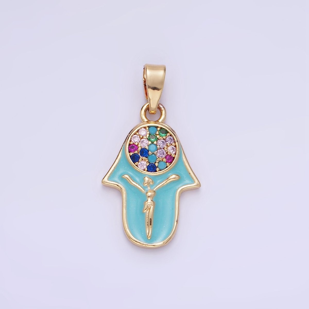 14K Gold Filled Multicolor Micro Paved CZ Hamsa Hand Enamel Pendant | AA1182 - DLUXCA