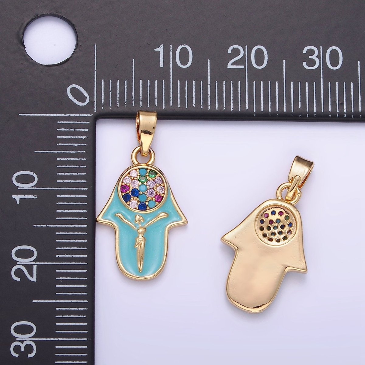 14K Gold Filled Multicolor Micro Paved CZ Hamsa Hand Enamel Pendant | AA1182 - DLUXCA