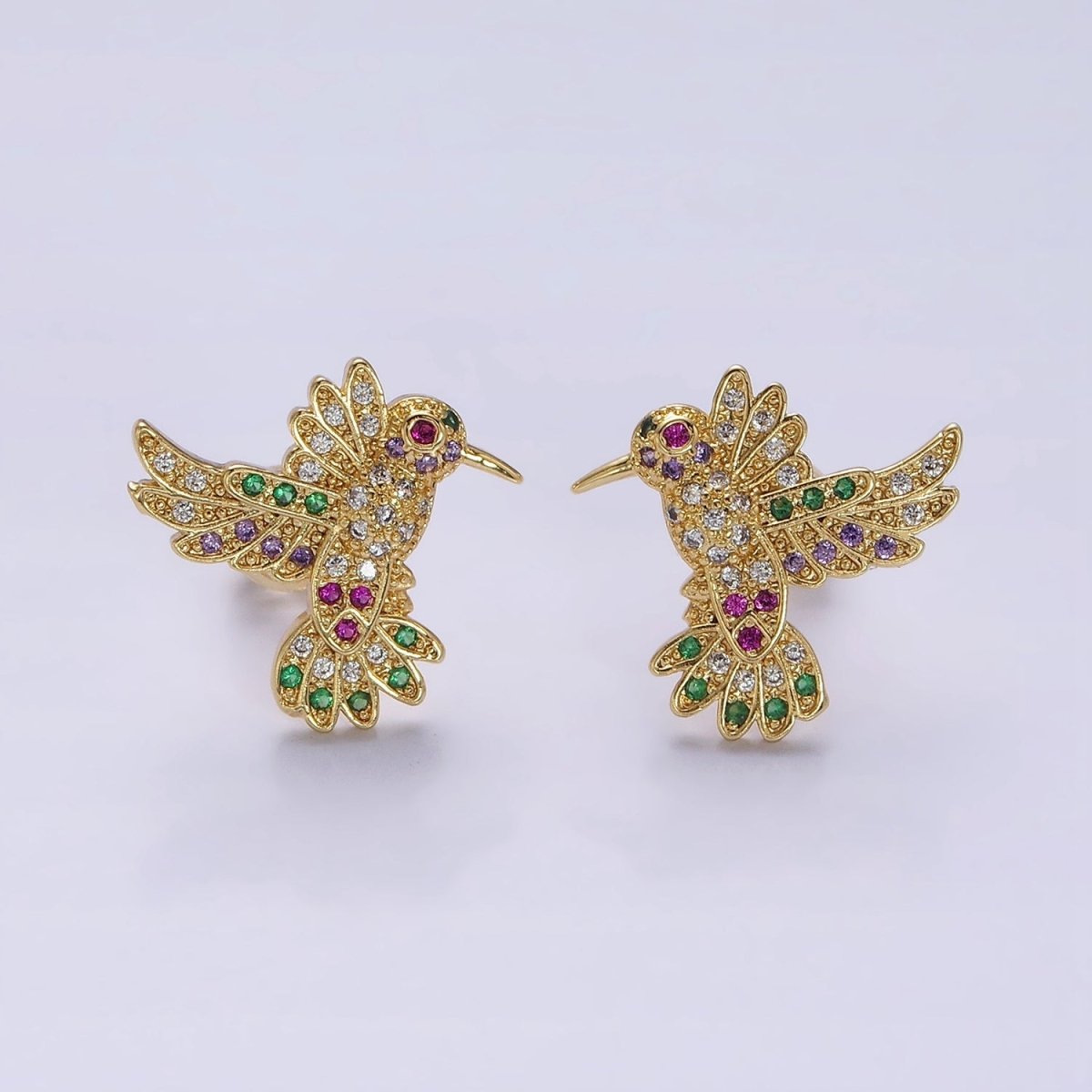 14K Gold Filled Multicolor Micro Paved CZ Hummingbird Pet Earrings Set in Gold & Silver | Y-902 Y-903 - DLUXCA