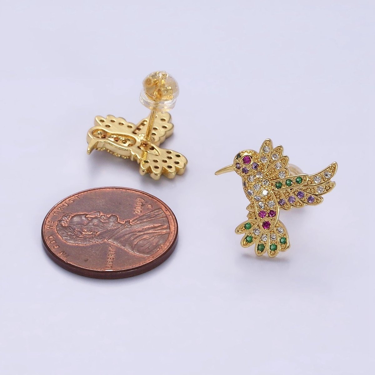 14K Gold Filled Multicolor Micro Paved CZ Hummingbird Pet Earrings Set in Gold & Silver | Y-902 Y-903 - DLUXCA