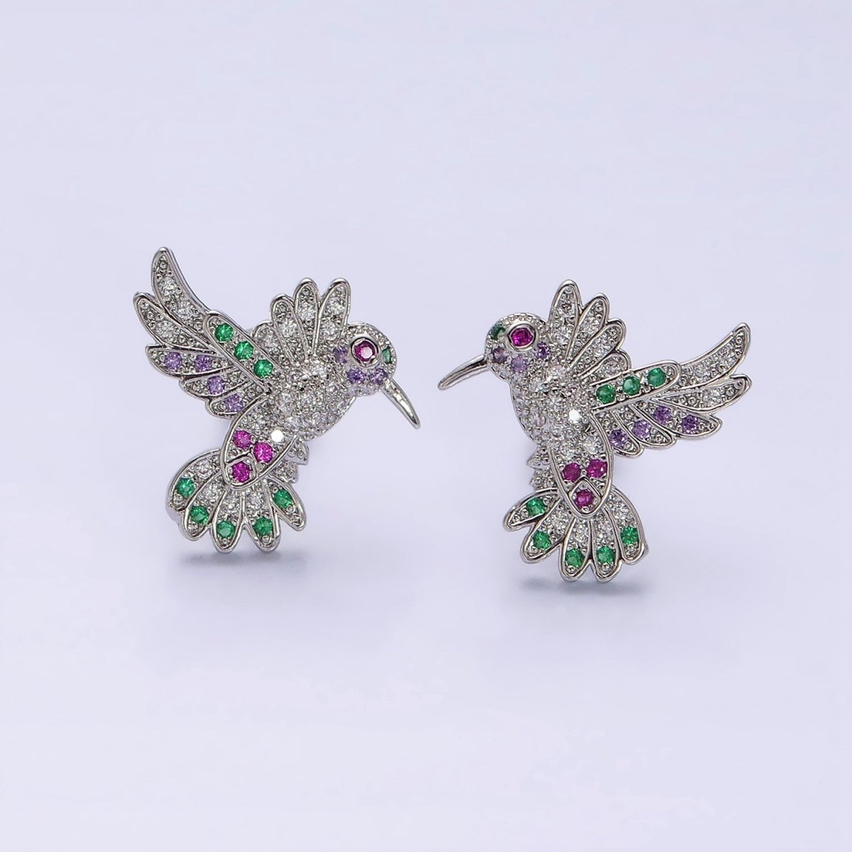 14K Gold Filled Multicolor Micro Paved CZ Hummingbird Pet Earrings Set in Gold & Silver | Y-902 Y-903 - DLUXCA