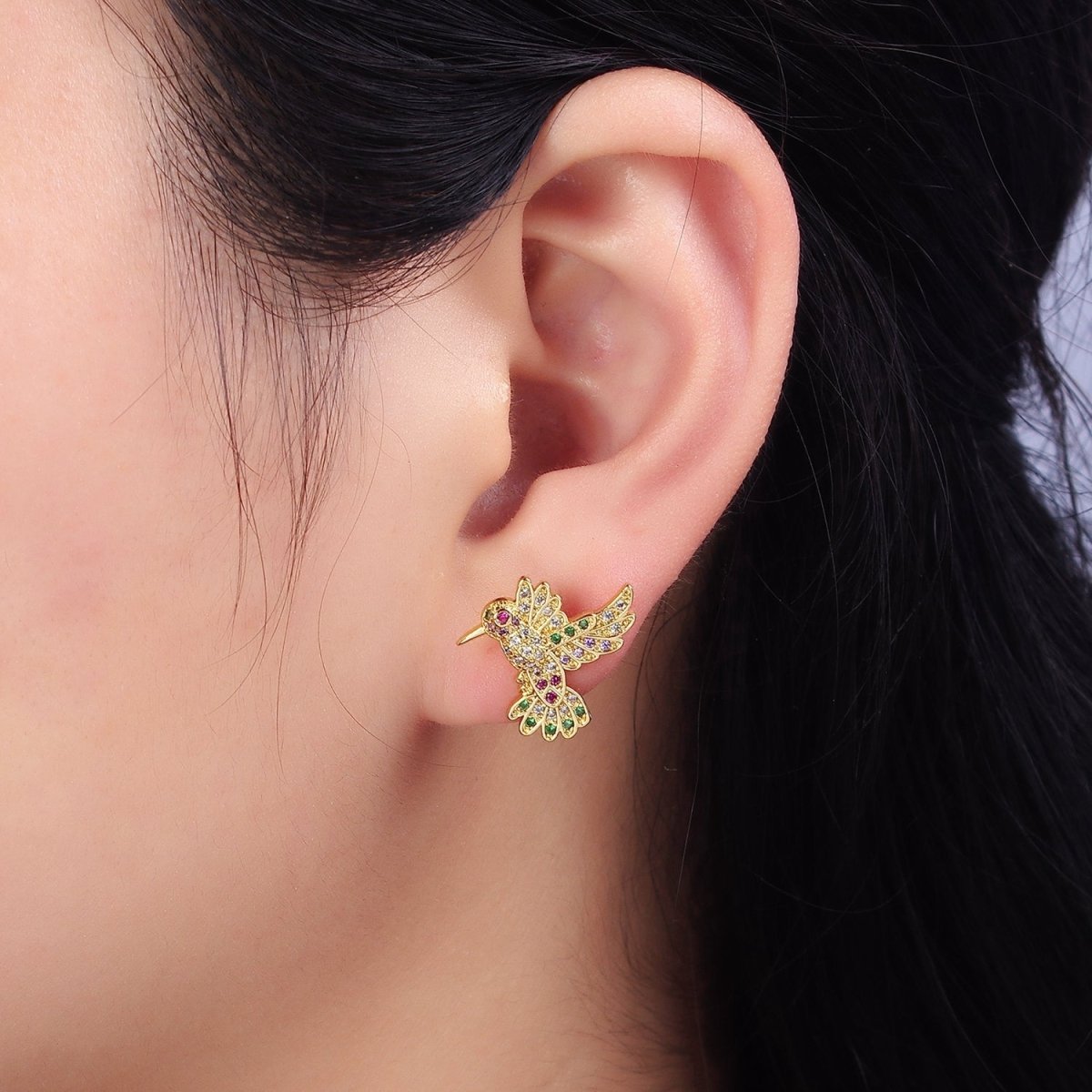 14K Gold Filled Multicolor Micro Paved CZ Hummingbird Pet Earrings Set in Gold & Silver | Y-902 Y-903 - DLUXCA