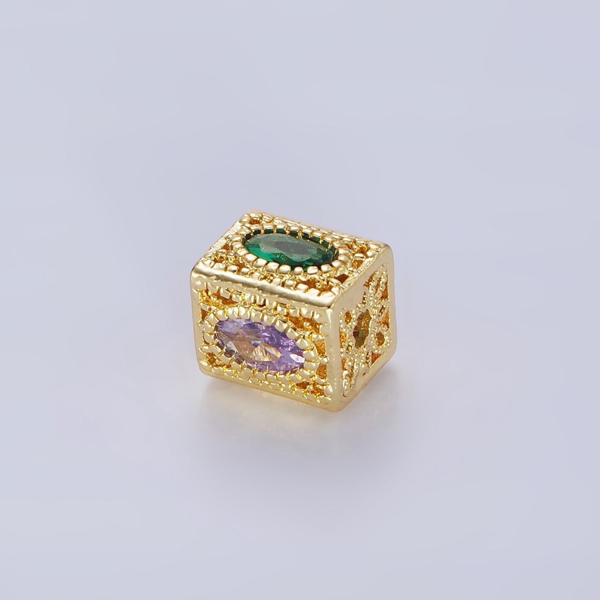 14K Gold Filled Multicolor Oval CZ Flower Filigree Rectangular Bead | B883 - DLUXCA
