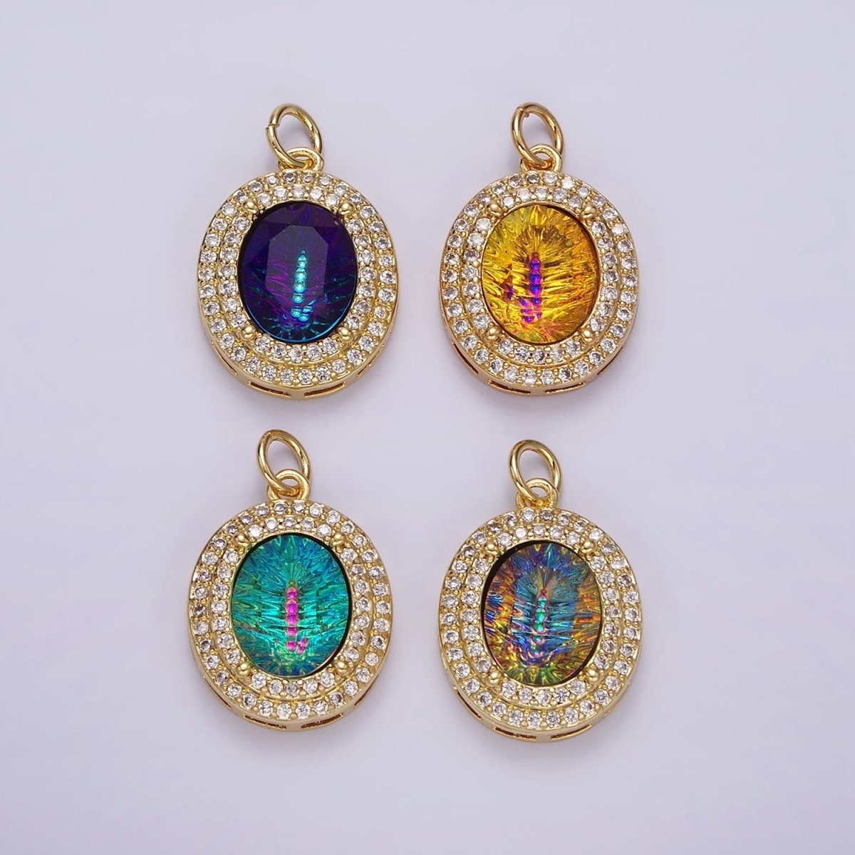 14K Gold Filled Multicolor, Purple, Yellow, Blue Iridescent Thermal CZ Micro Paved Oval Charm | AG070 - AG073 - DLUXCA