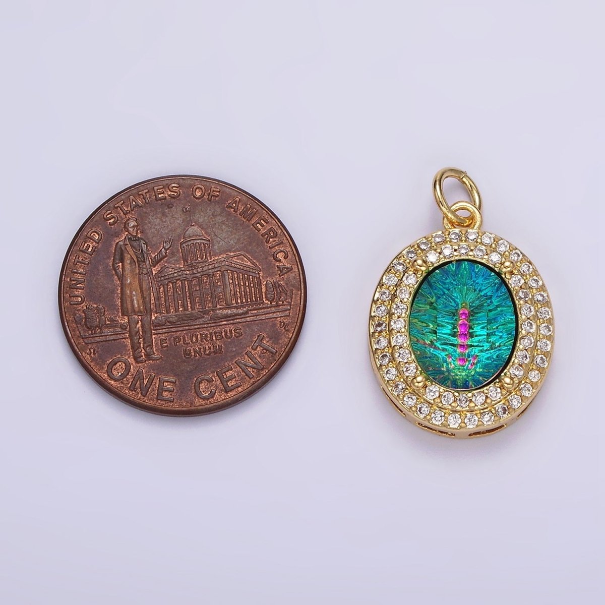 14K Gold Filled Multicolor, Purple, Yellow, Blue Iridescent Thermal CZ Micro Paved Oval Charm | AG070 - AG073 - DLUXCA