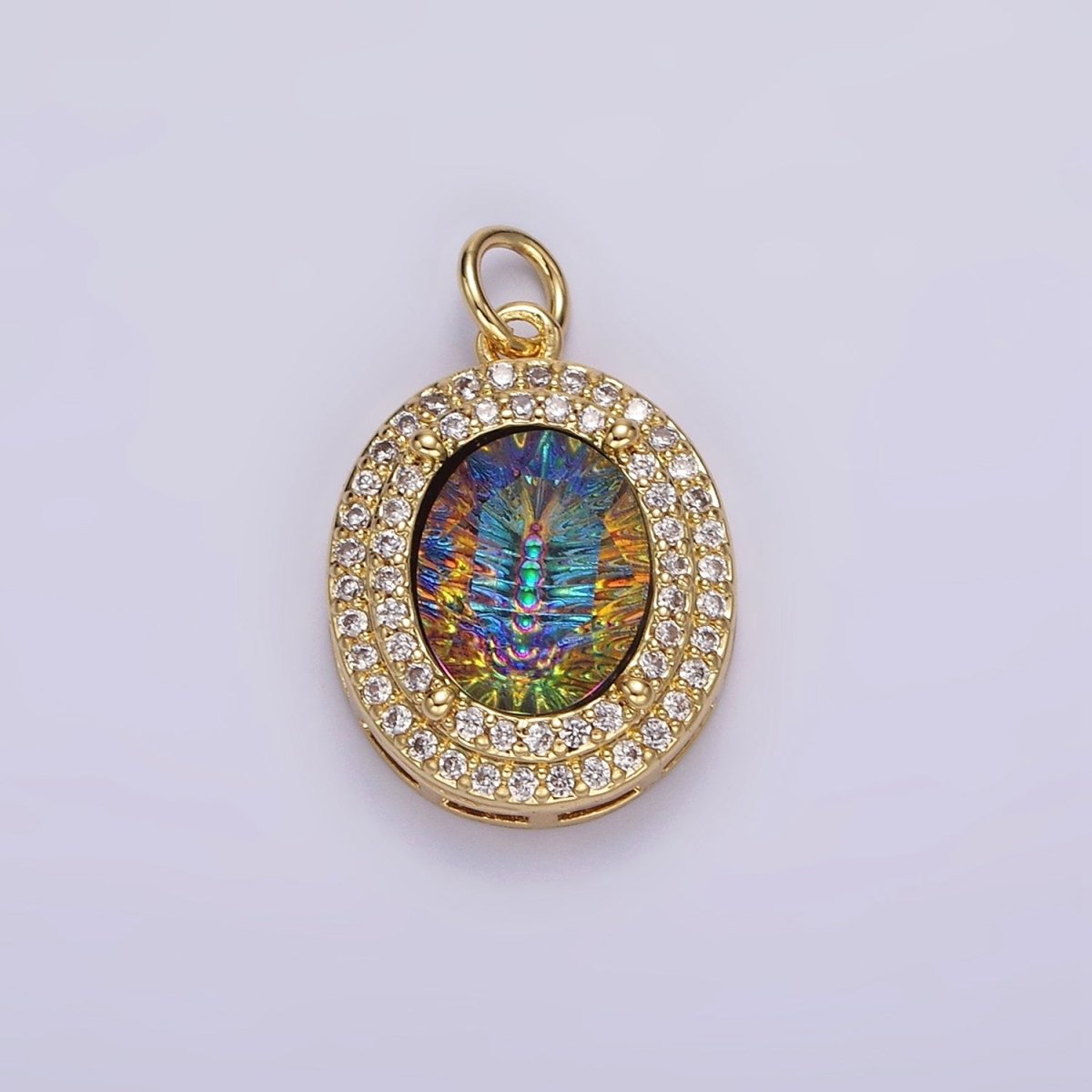 14K Gold Filled Multicolor, Purple, Yellow, Blue Iridescent Thermal CZ Micro Paved Oval Charm | AG070 - AG073 - DLUXCA