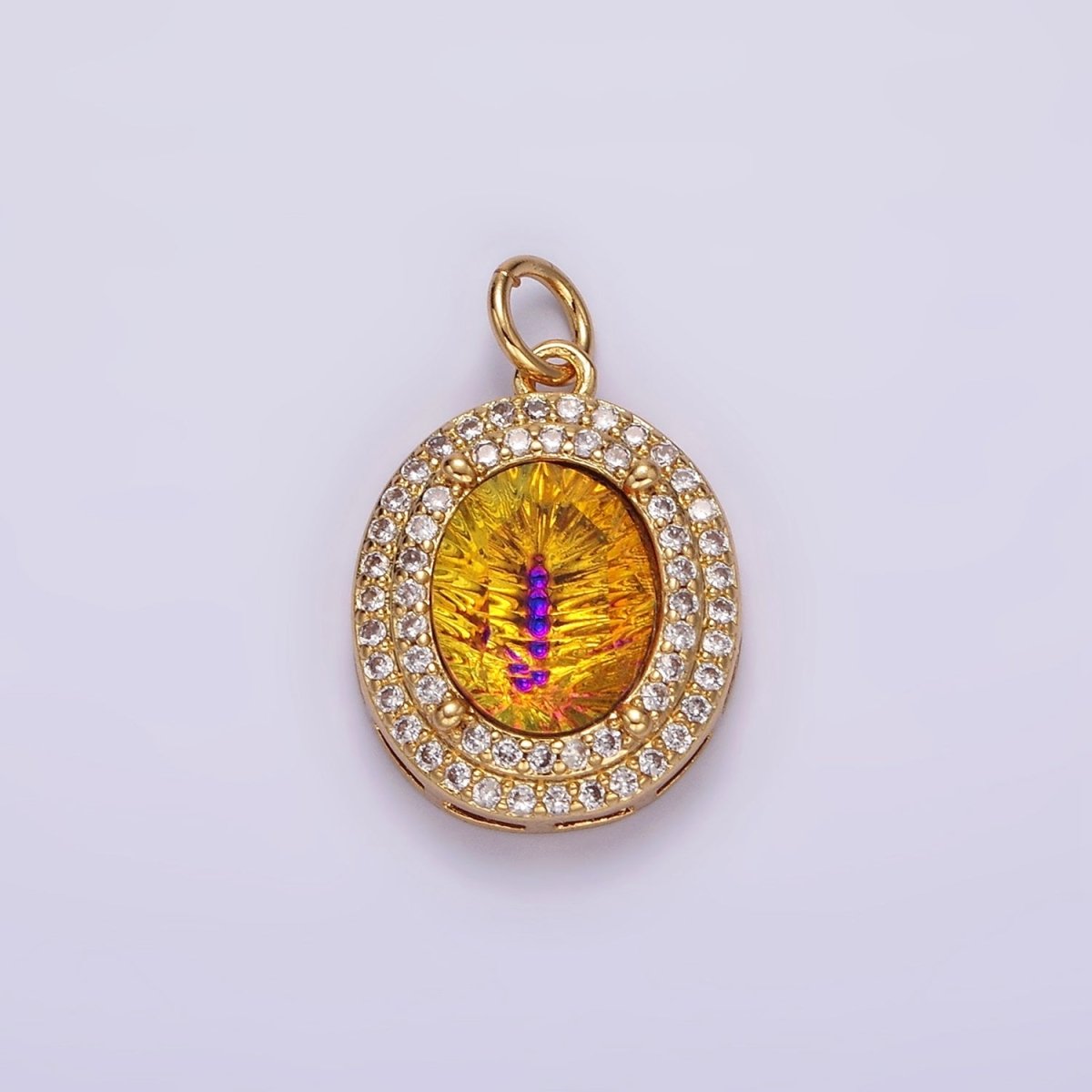 14K Gold Filled Multicolor, Purple, Yellow, Blue Iridescent Thermal CZ Micro Paved Oval Charm | AG070 - AG073 - DLUXCA